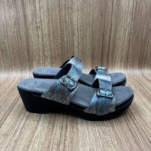 Dansko Women's Sophie Petrol metallic leather wedge slip-on sandals sz 39/8.5